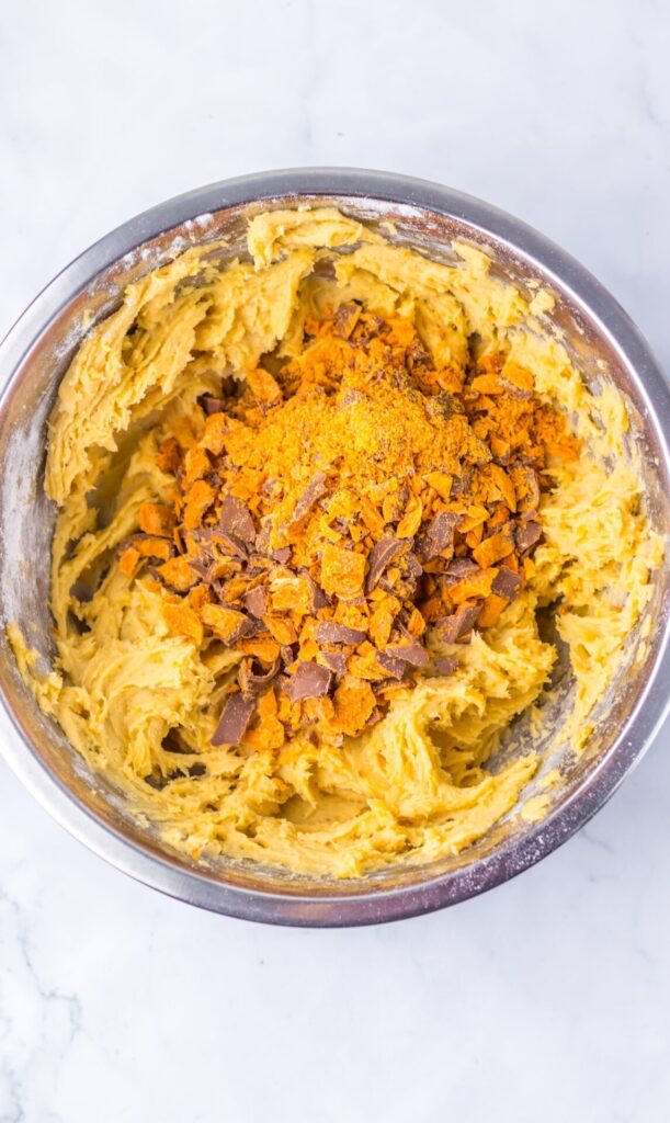 Mixed ingredients in a bowl for butterfinger cookie bar