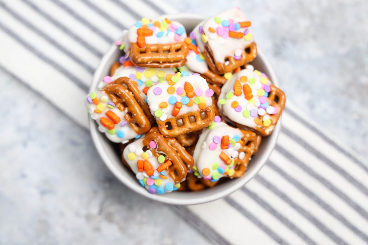 Easter caramel pretzels with confetti sprinkles on top