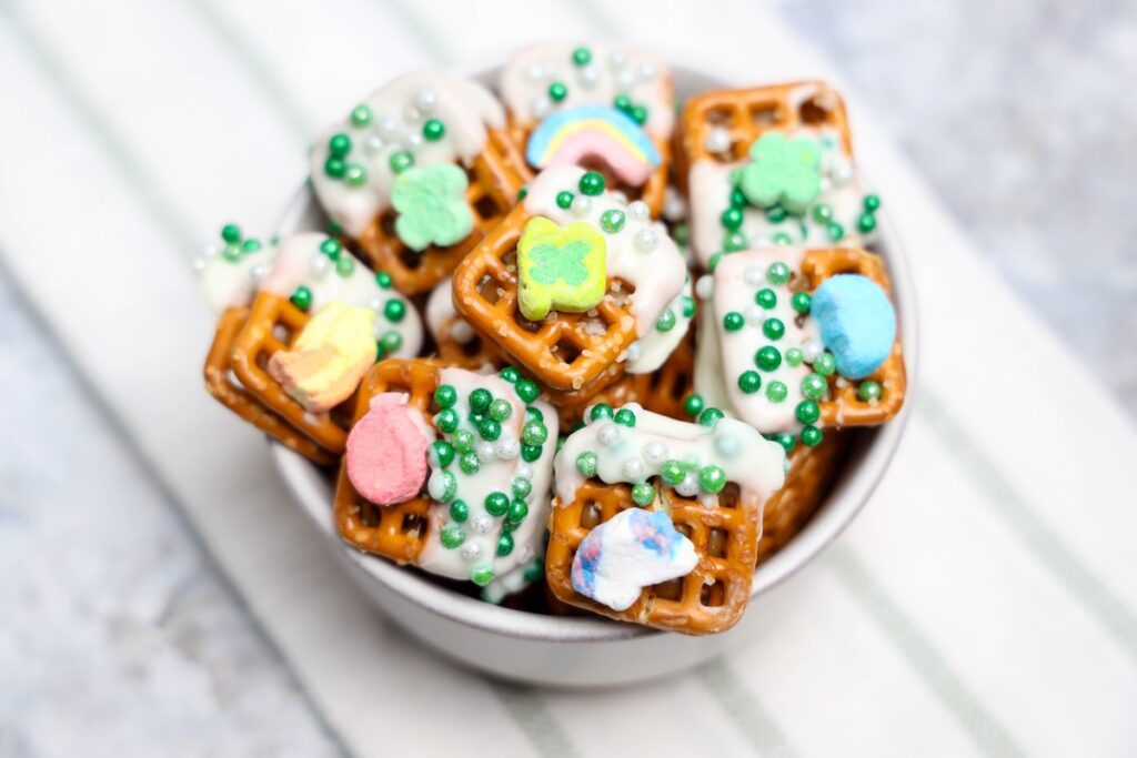 Bowl of lucky charms caramel pretzels