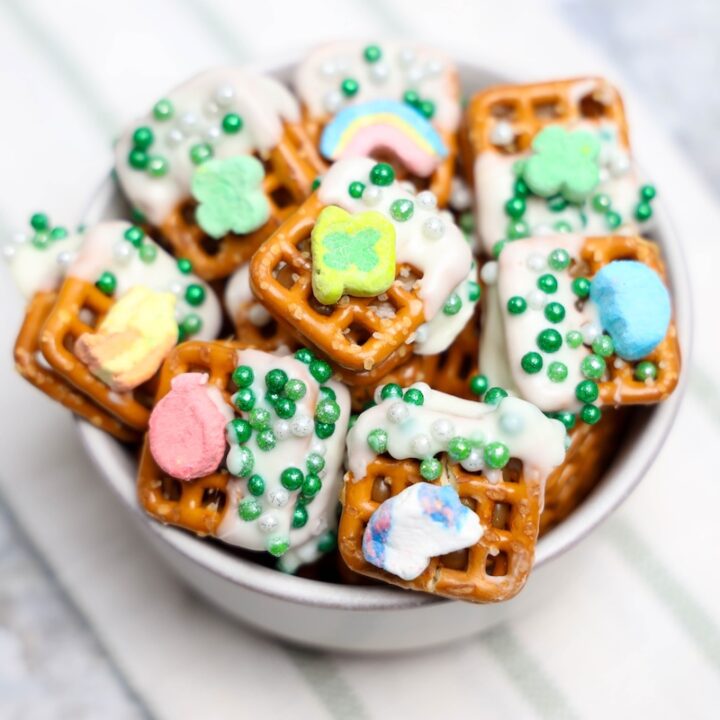 Bowl of lucky charms caramel pretzels