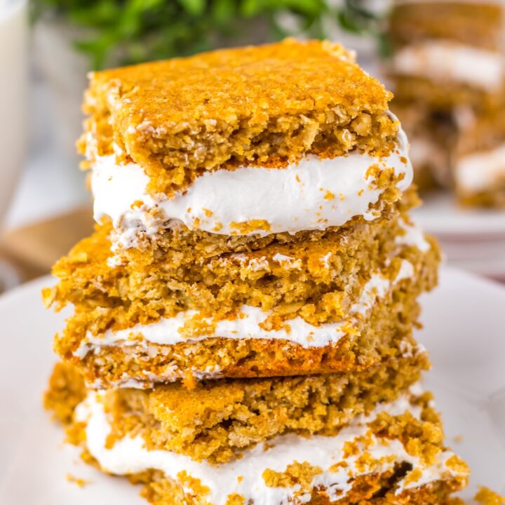 Slices of oatmeal cream pie bars in a plate