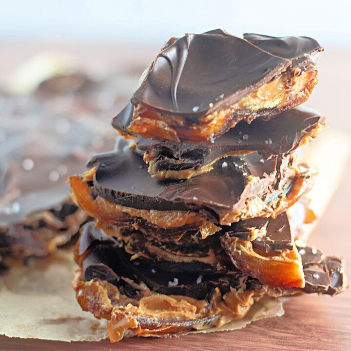 Stack of peanut butter and date chocolate bark