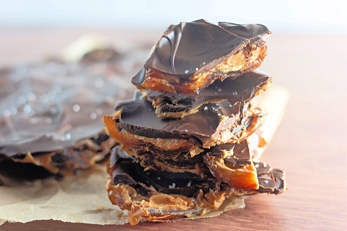 Stack of peanut butter and date chocolate bark