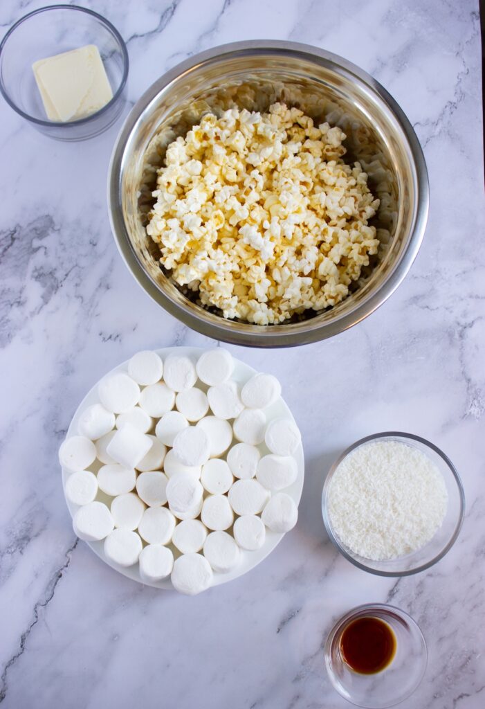 Ingredients needed for coconut popcorn marshmallow snowballs