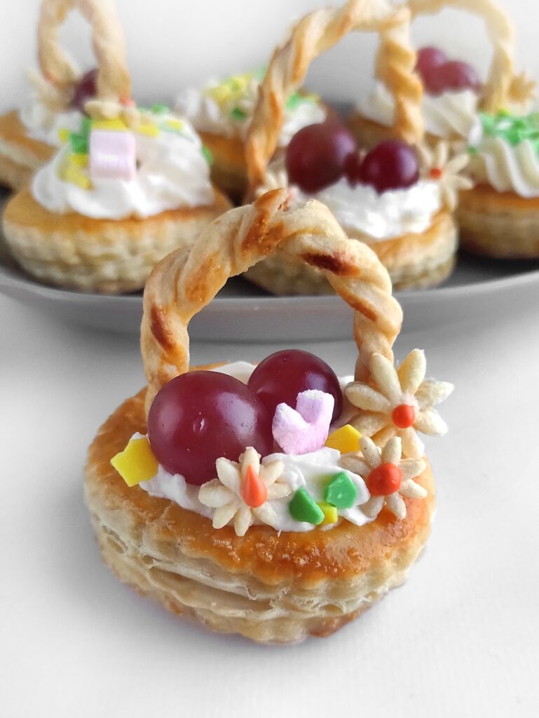 Close up shot of an easter basket dessert