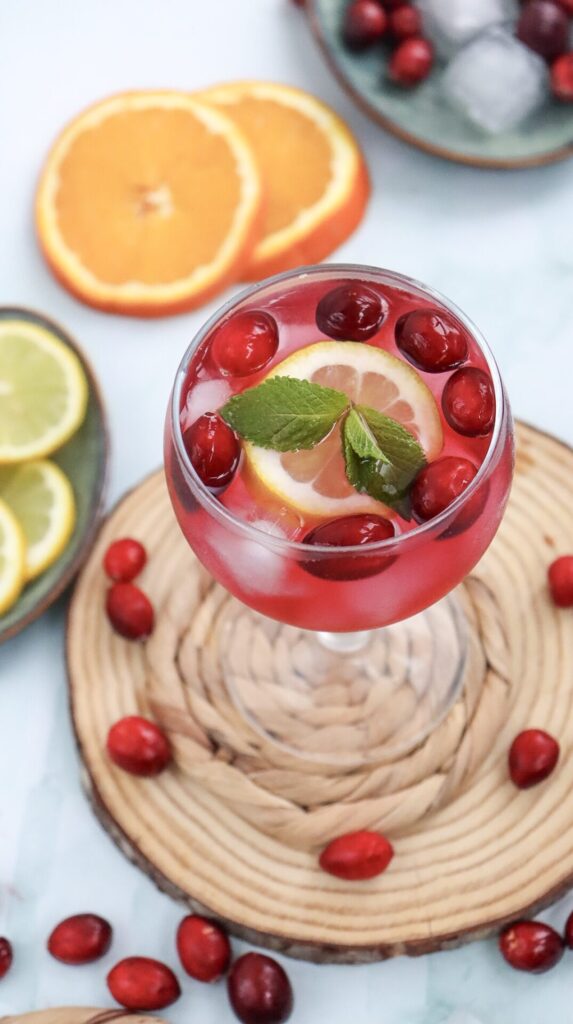 overhead shot of non alcoholic cranberry spritzer
