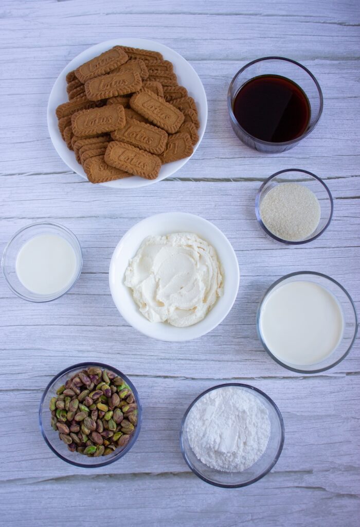 Ingredients needed for pistachio biscoff tiramisu