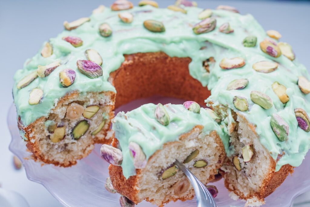 Sliced pistachio bundt cake