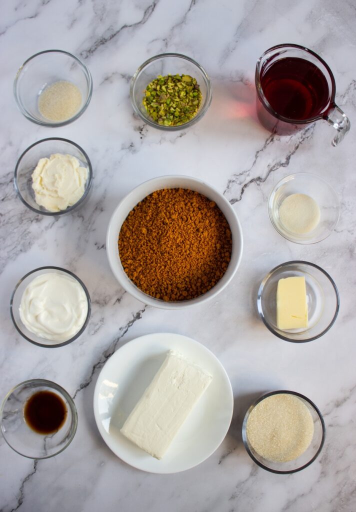 Ingredients needed for pistachio cranberry no-bake mini cheesecakes recipe