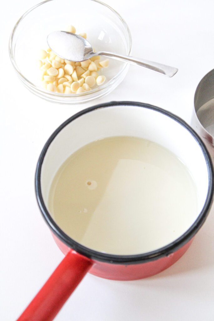Heating milk in the saucepan for the red velvet hot chocolate