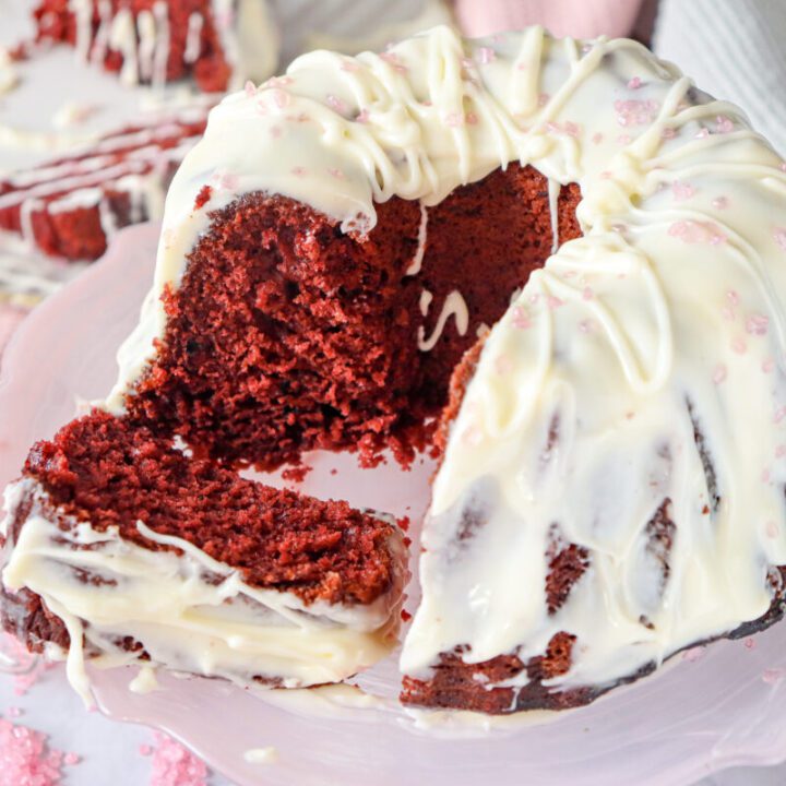 Finished red velvet love bundt cake with frosting