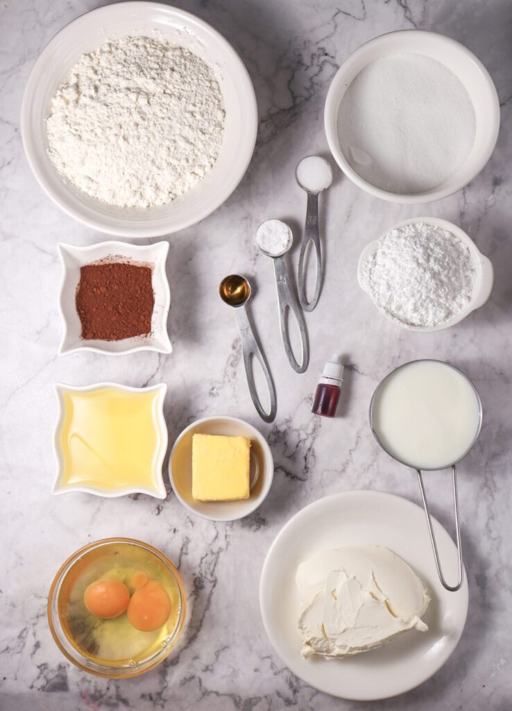 Ingredients for red velvet love bundt cake