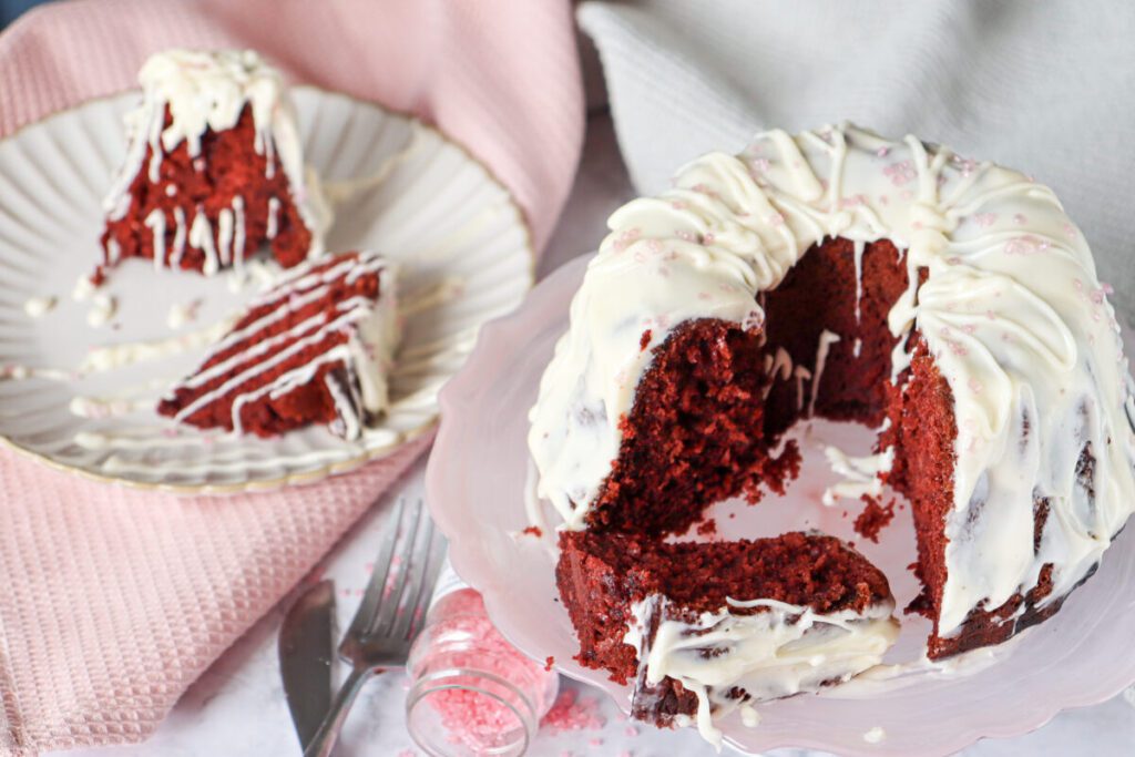 Slices of red velved love bundt cake