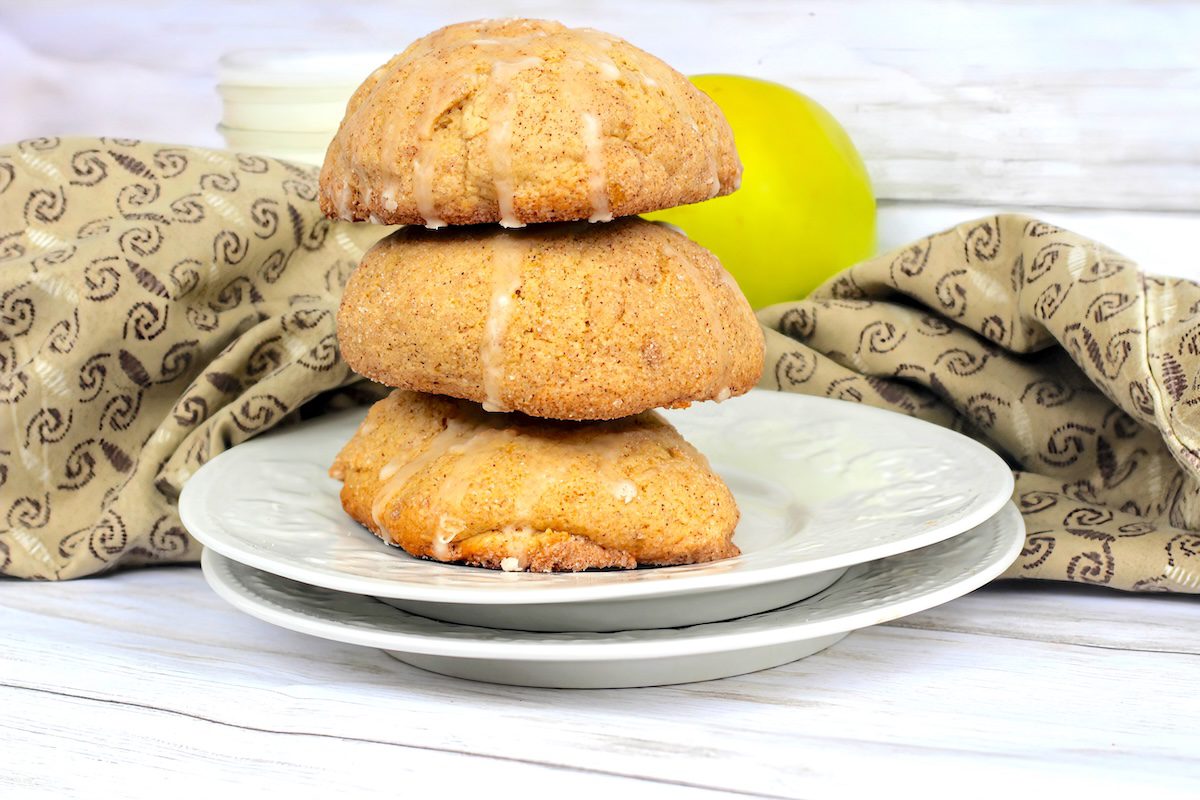 Pile of salted caramel apple cider cookies in a small plate