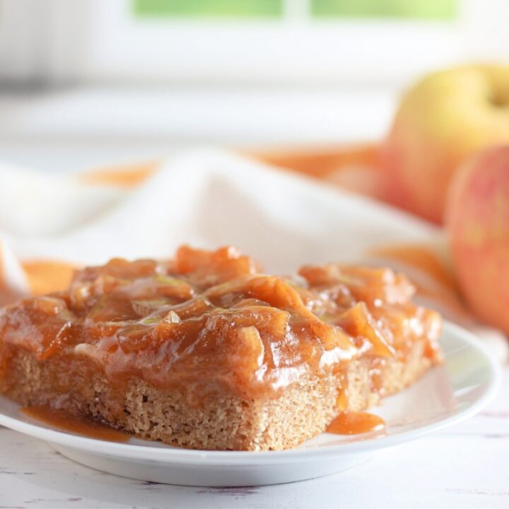 sliced caramel apple sheet cake in a plate