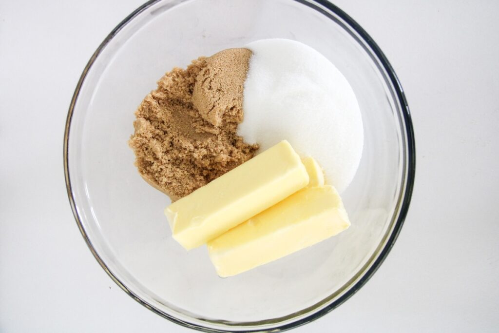 butter, granulated sugar and brown sugar in a bowl