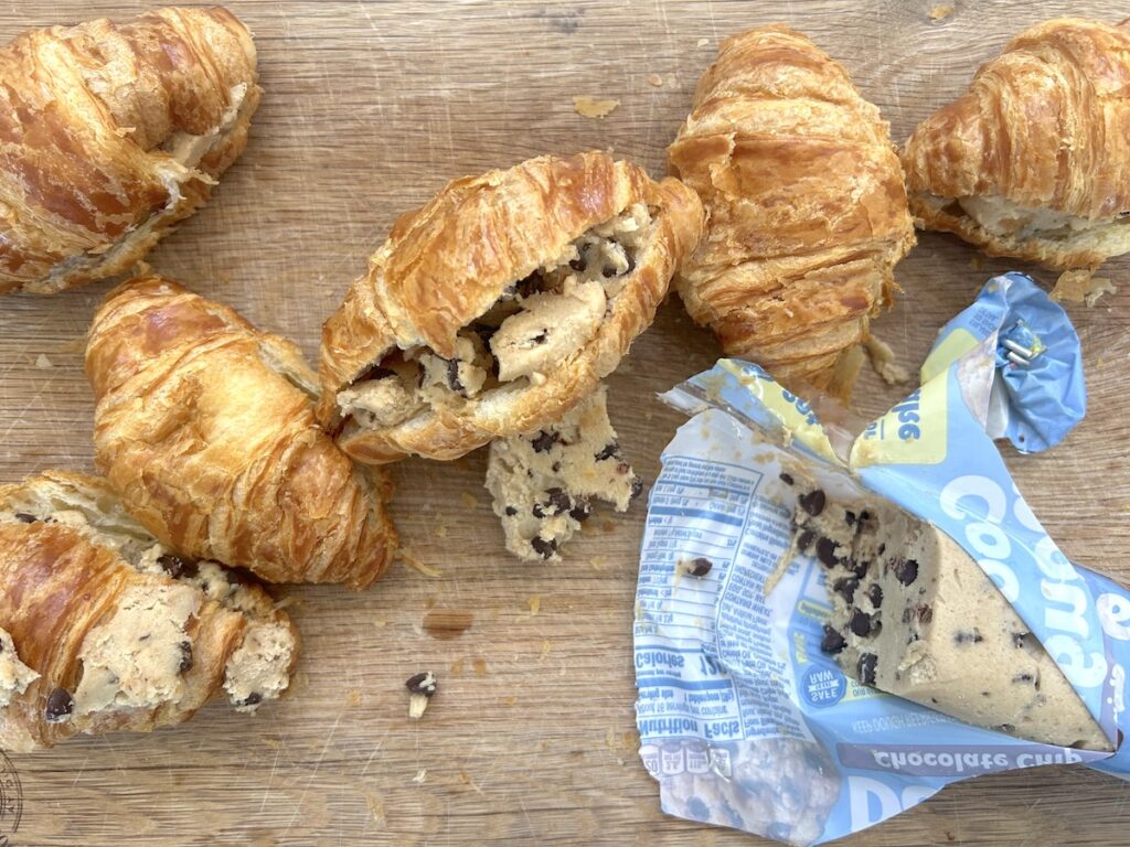 Sliced croissants and chocolate chip cookie dough