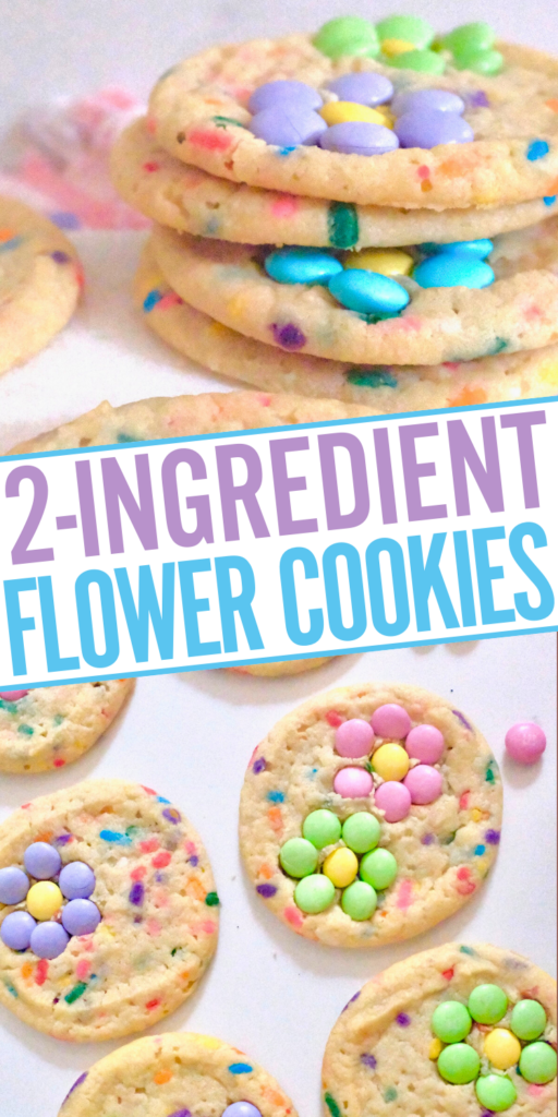 two pictures of m&m cookies with m&m flowers and text overlay that says 2 ingredient flower cookies