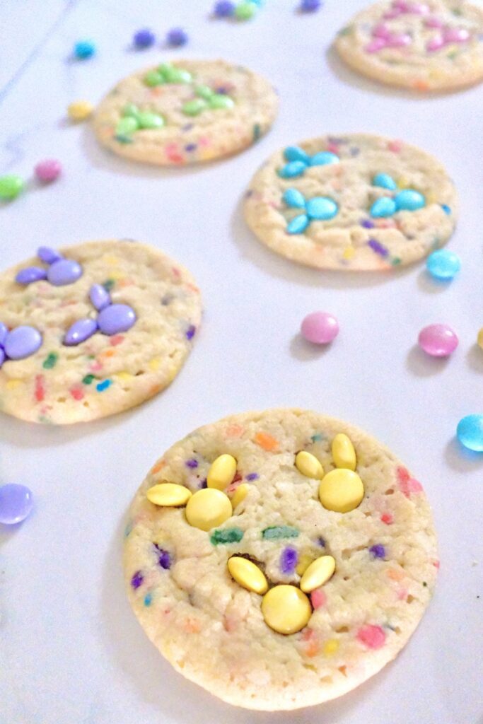 m&m bunny cookies with yellow, blue, purple, and pink m&m candies