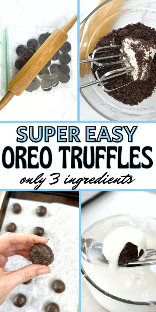 four pictures showing the steps to make oreo balls - smashing oreos, mixing in cream cheese, making balls, and chocolate coating. text overlay that says super easy oreo truffles only 3 ingredients
