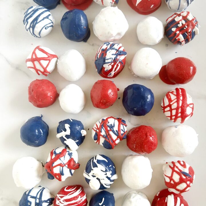 patriotic golden oreo balls with red, white and blue coating that resemble american flag