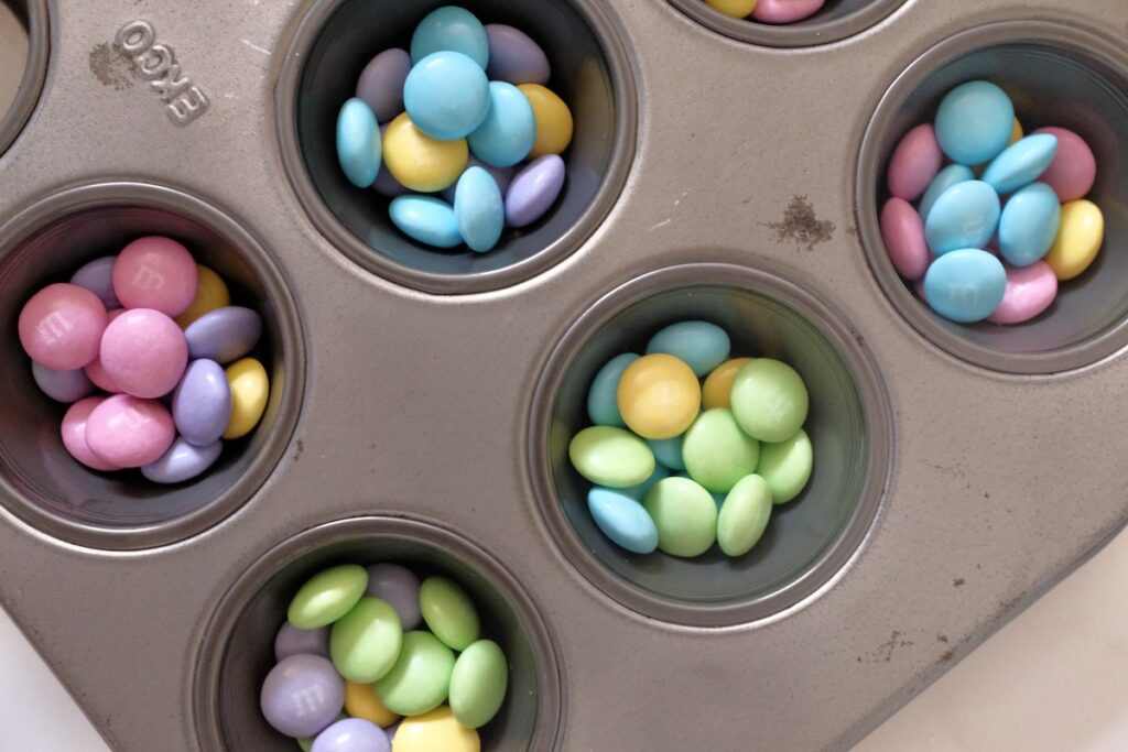 m&m candies on baking mold
