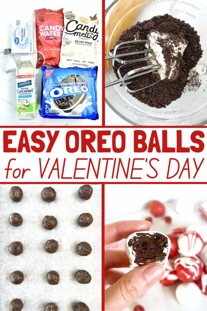 process step pictures of making oreo truffles with text overlay that says easy oreo balls for valentine's day