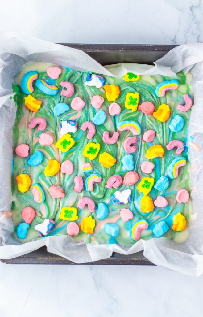 a pan of lucky charms fudge