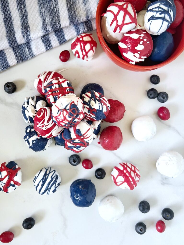 overhead shot of red white and blue oreo balls