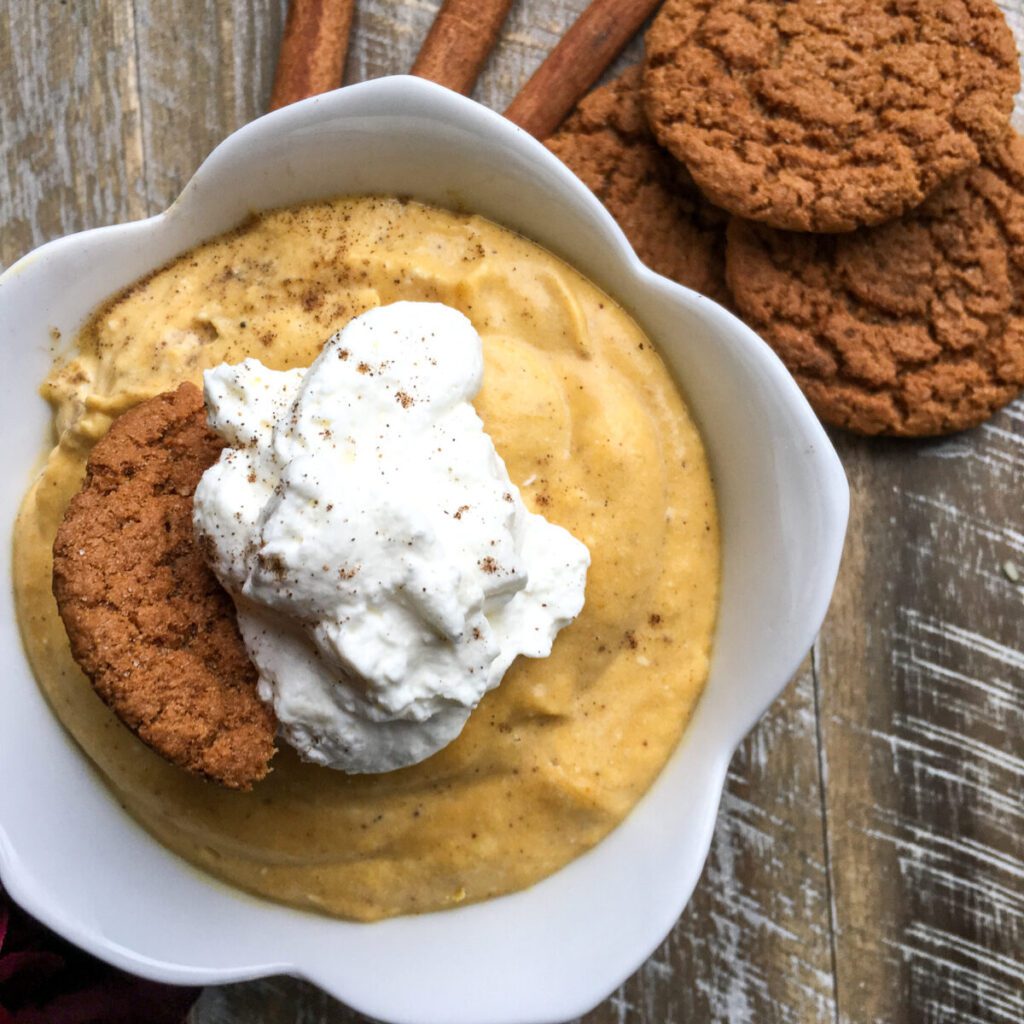 overhead shot of pumpkin mousse in a bowl