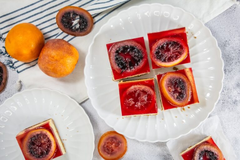 Overhead view of several blood orange cheesecake bars on white plates surrounded by fresh and sliced blood oranges, showcasing the dessert’s rich layers and garnished tops