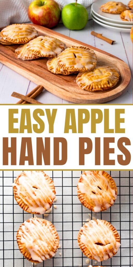 a picture of apple hand pies on a wood plate and a picture of apple handpies on a cooling rack. text in the middle says easy apple hand pies
