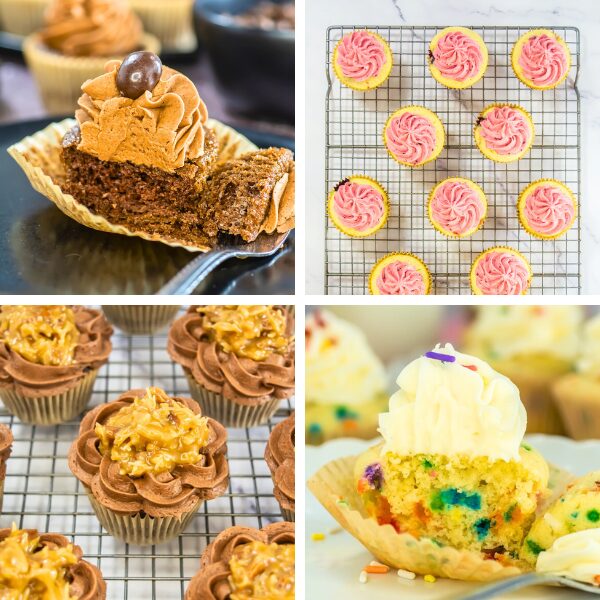four pictures of frosting on cupcakes