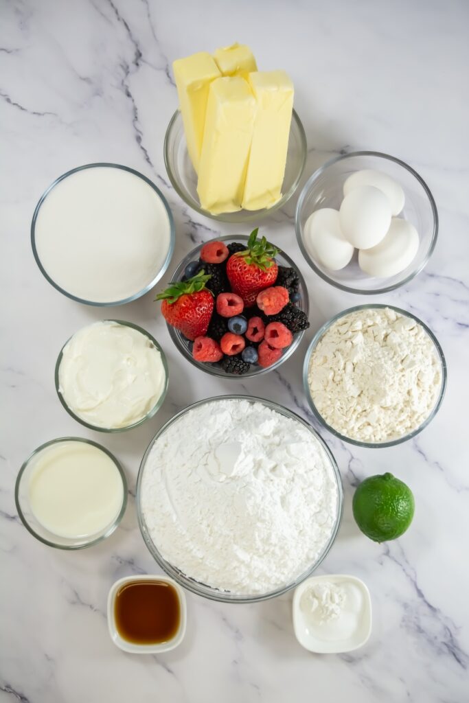 Overhead view of fresh ingredients for mixed berry cupcakes, including strawberries, raspberries, blueberries, blackberries, butter, eggs, flour, sugar, vanilla, lime, and dairy products