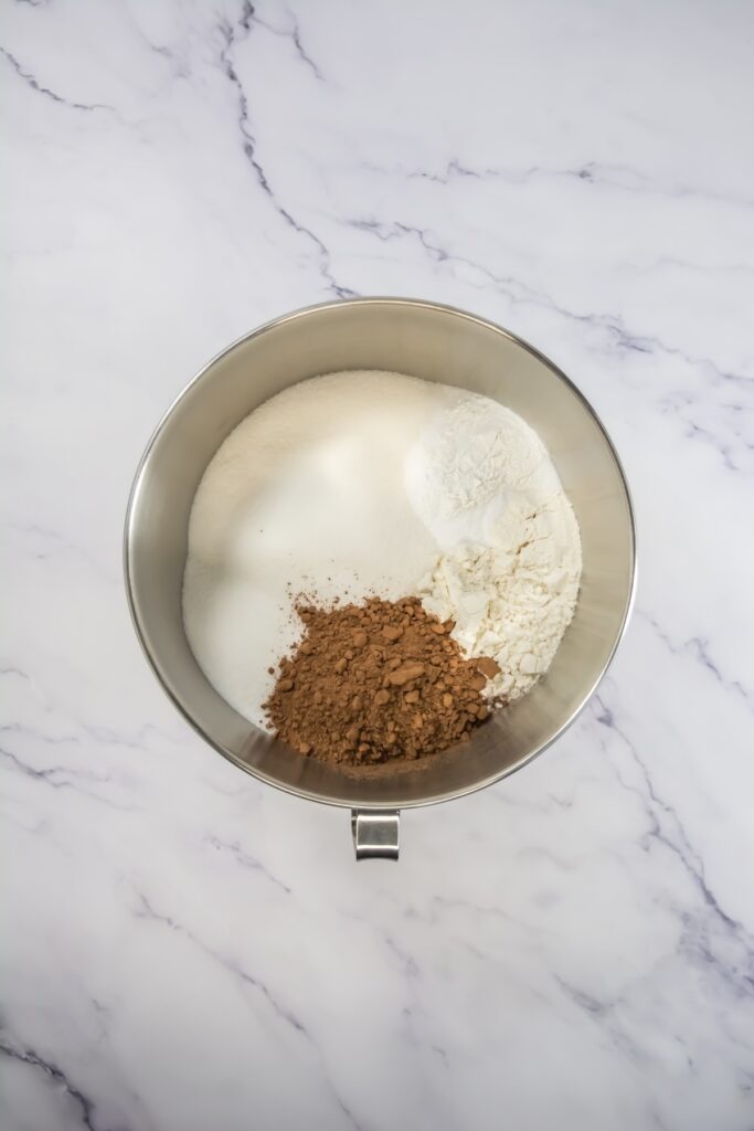 Mixing bowl with dry ingredients for mocha cupcakes, including flour, sugar, cocoa powder, and baking powder