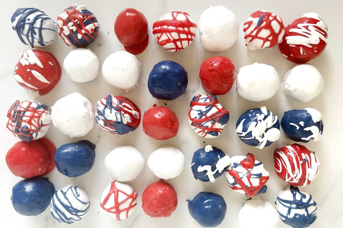patriotic golden oreo balls with red, white and blue coating that resemble american flag