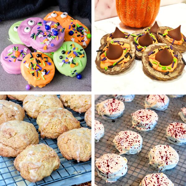 four pictures of halloween cookies - two oreo dipped halloween cookies, witch hat cookies and pumpkin cookies