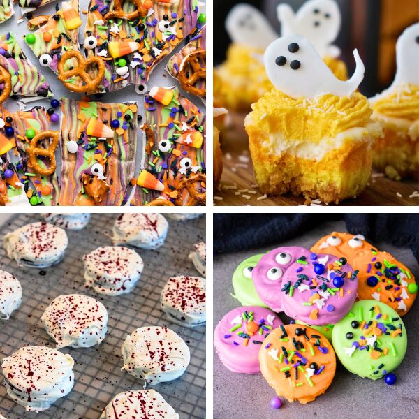 four pictures of halloween desserts - halloween candy bark, mini halloween cheesecakes, and two halloween oreo pictures