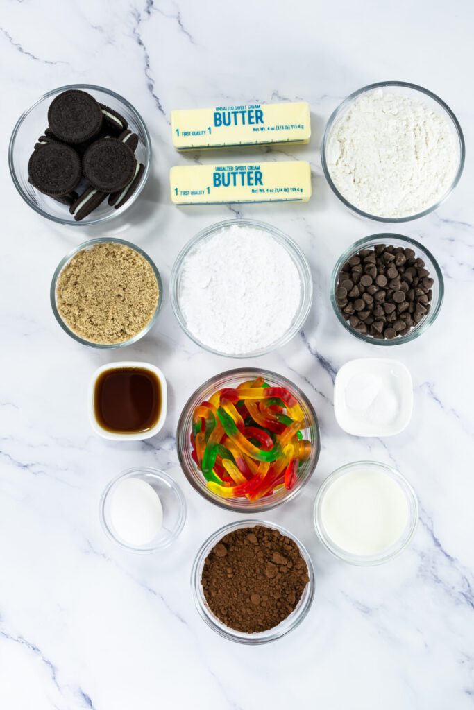 aerial view of ingredients for dirt cake cookies with gummy worms