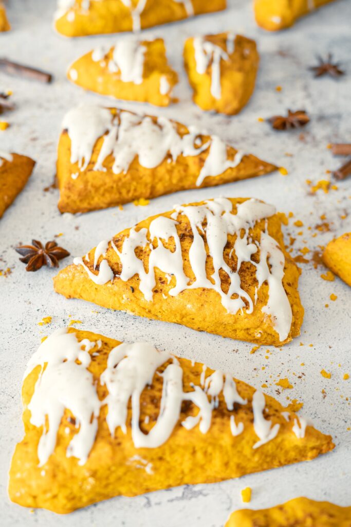 pumpkin scones in a line