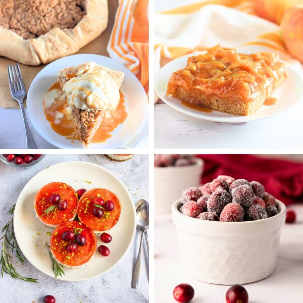 four pictures of friendsgiving dessert ideas - apple galette, apple sheet cake, cranberry cheesecake and candied cranberries
