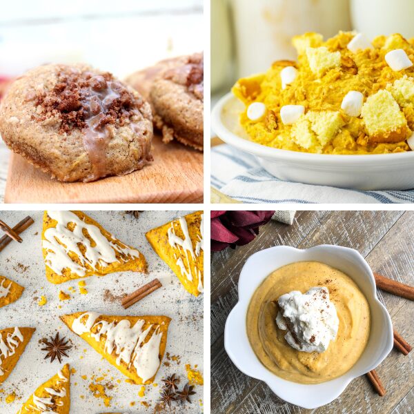 four square pictures of pumpkin desserts: pumpkin cookies, pumpkin fluff, pumpkin scones, pumpkin mousse