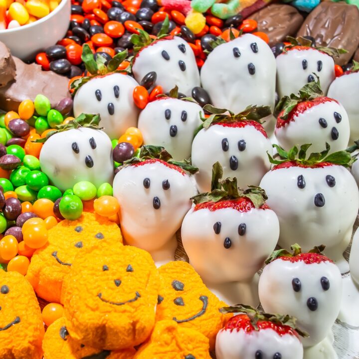 close up of a dessert halloween charcuterie board