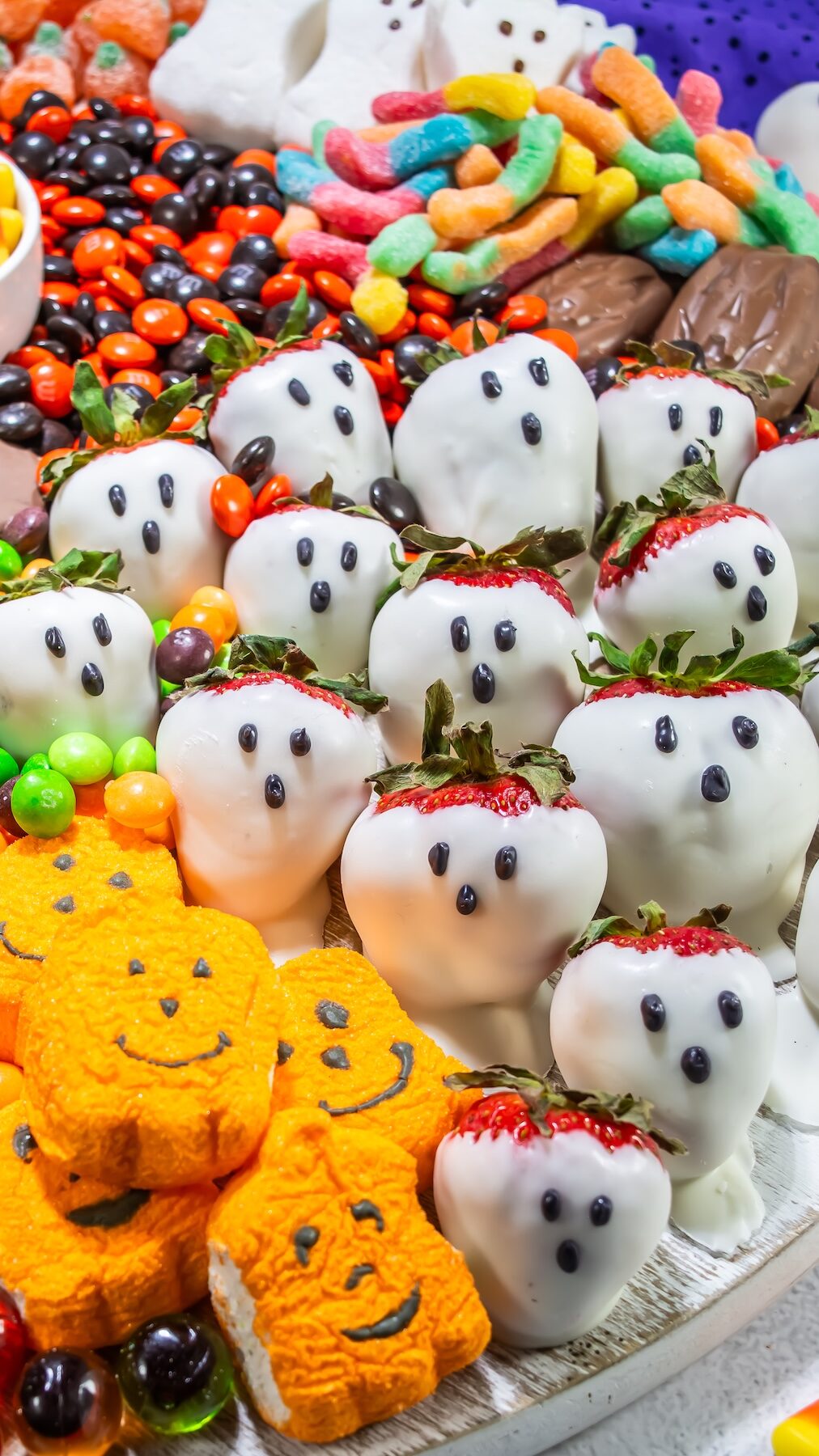 close up of a dessert halloween charcuterie board