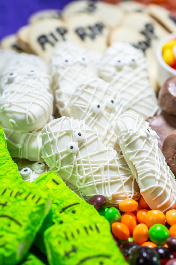 close up of a halloween charcuterie dessert board