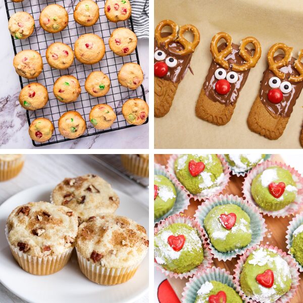 four pictures of christmas treats that are good bake sale ideas: m&m christmas cookies on a cooling rack, reindeer cookies, muffins and peanut butter snowballs