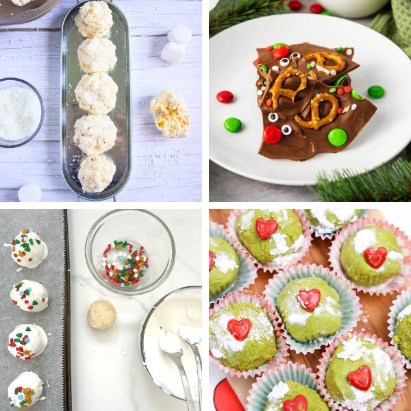 four square pictures of christmas movie night food ideas: popcorn snowballs, christmas chocolate bark, oreo truffles, and peanut butter snowballs