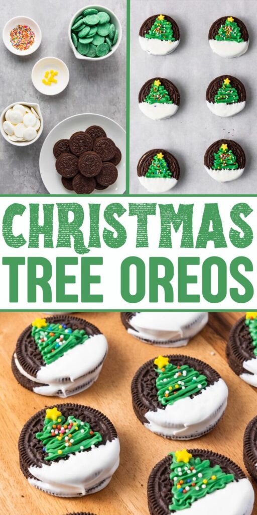 Three pictures: one of christmas tree oreos close up, one of the christmas oreos aerial view and the ingredients for the oreo christmas tree cookies. text overlay that says christmas tree oreos