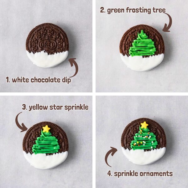 steps to make christmas tree oreos with four pictures of the oreos in the decoration process