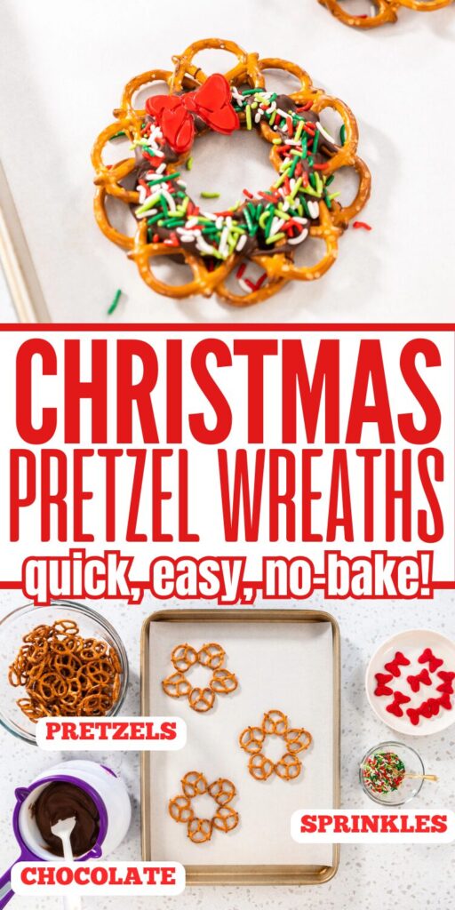 pictures of the ingredients for christmas wreath pretzels spread out and a close up of one of the wreaths done. text overlay says christmas pretzel wreaths